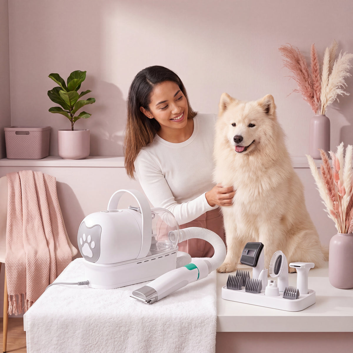 A diverse person grooms a fluffy pet with the 7-in-1 Multifunctional Pet Grooming Device, which has attachments for trimming,