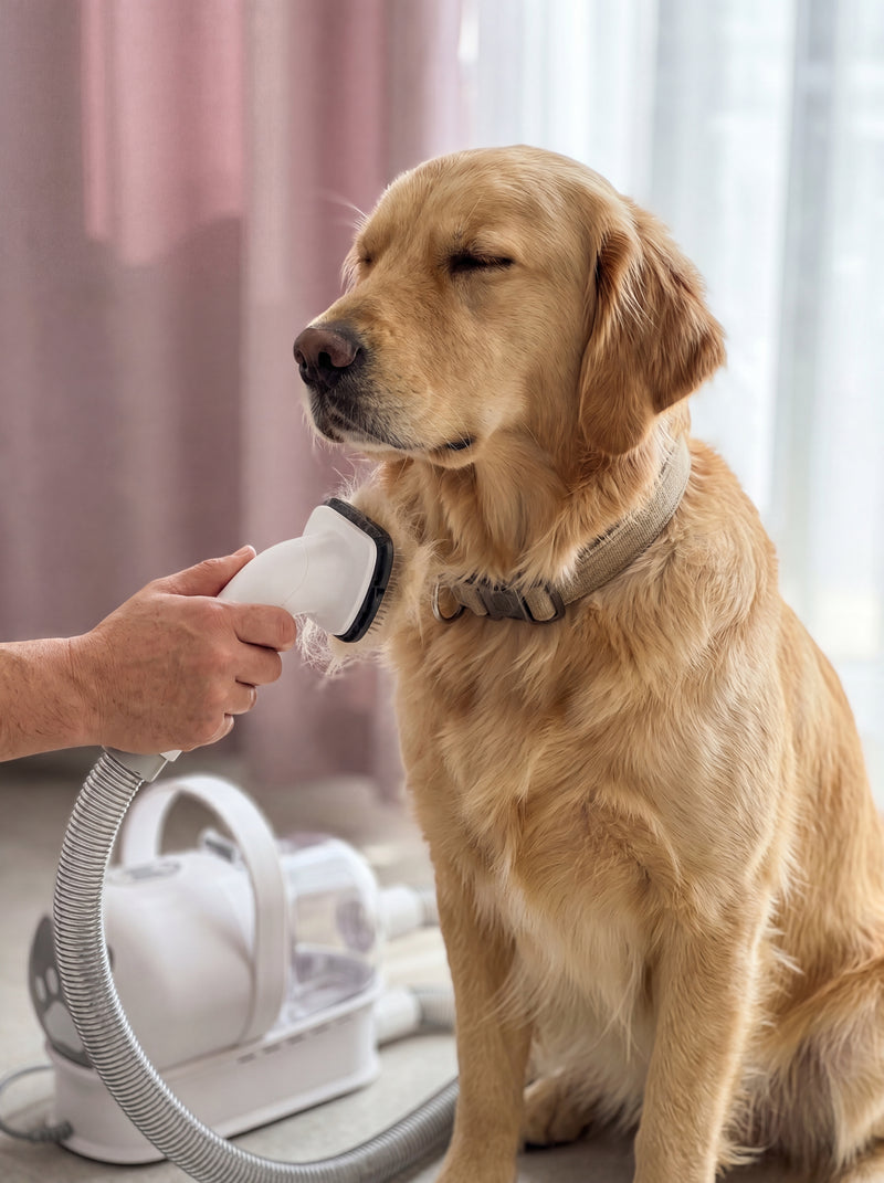 A Golden Retriever sitting calmly indoors during a deshedding session with its owner using a pet grooming device.