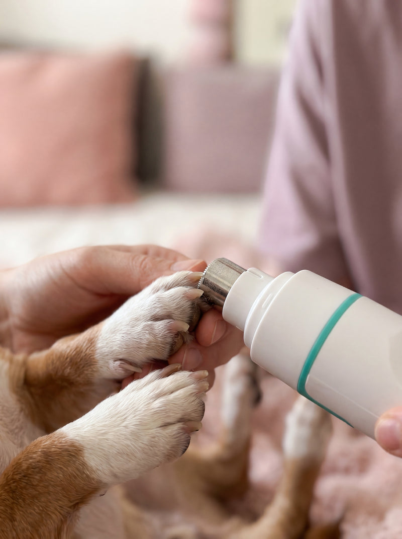 Close-up of a small dog's paw as a person gently uses the precision nail trimmer from the 7-in-1 Pet Grooming Device.