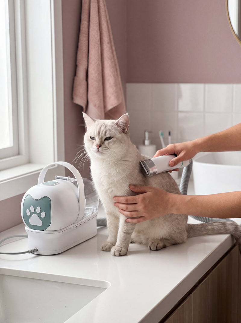 A light-furred cat calmly sits on a modern bathroom counter, being gently trimmed with a pet grooming device. Natural light i