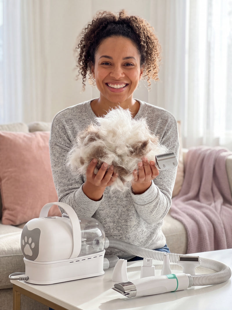 Smiling pet owner holds a large pile of white and brown pet fur removed with the 7-in-1 grooming device's deshedder.